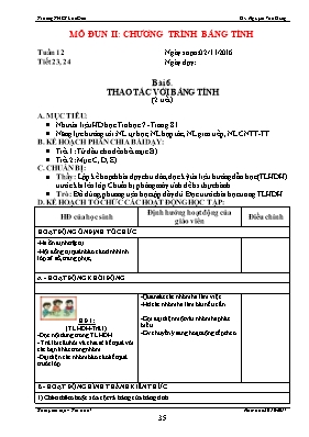 Kế hoạch dạy học Tin học 7 - Tiết 23+24, Bài 6 Thao tác với bảng tính (2 tiết) - Năm học 2016-2017 - Nguyễn Văn Dũng